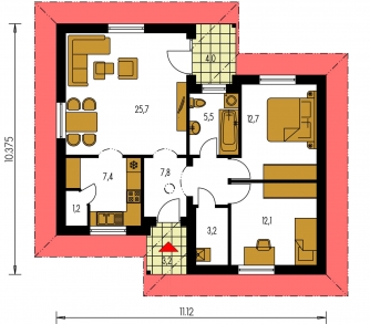 Spiegelverkehrter Entwurf | Grundriss des Erdgeschosses - BUNGALOW 72